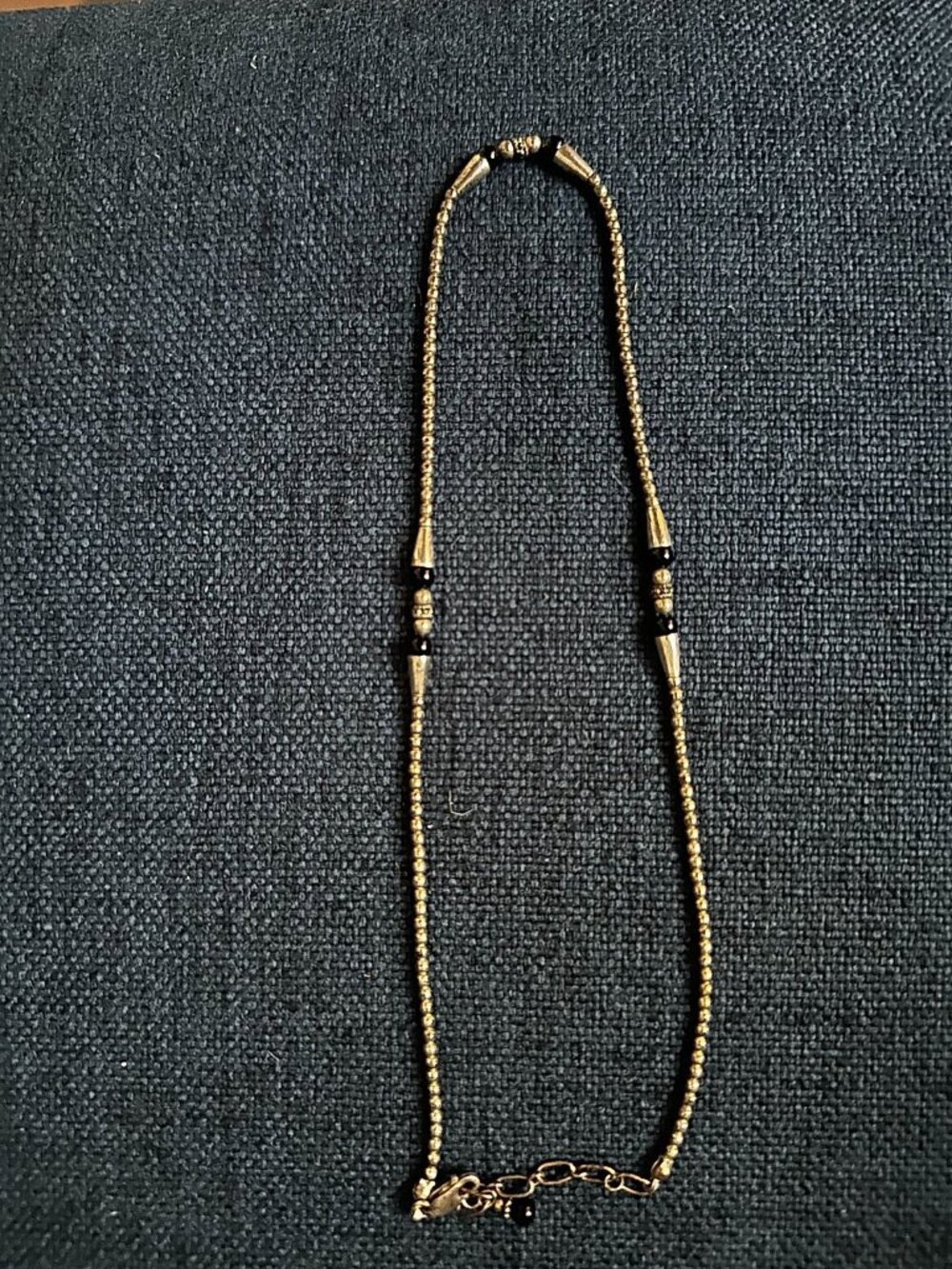 Silver Beaded Necklace with Black Beads and Cone Spacers, Adjustable to 16 in.